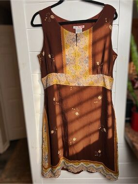 VTG Jane Seymour Silk Beaded Patchwork Mori Midi Dress Brown Whimsygoth M